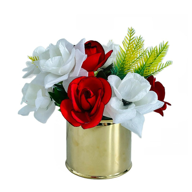 Faux Flowers in Gold Metal Vase